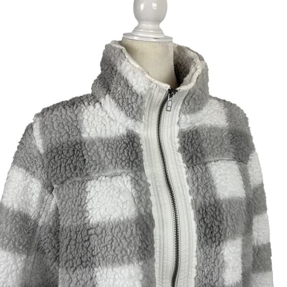 A&F Sherpa Check Fleece Plaid Full Zip Jacket Coat Gray and White Size Medium - Picture 6 of 16